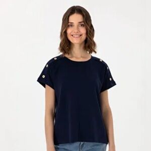 Elegant Navy Women's Top with Button Accents